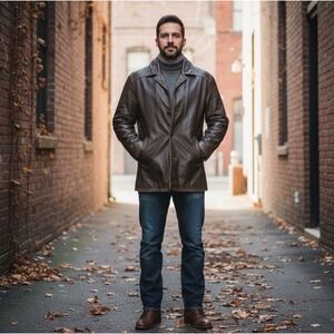 Authentic Vintage Cherokee Mens Genuine Leather Jacket Brown Button Front Large